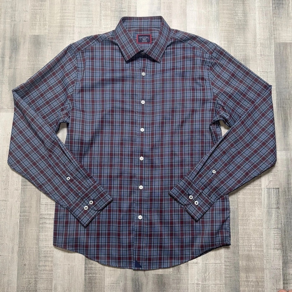 UNTUCKit  Men's Long Sleeve Button Down Shirt Blue Red Plaid Polyester Size M